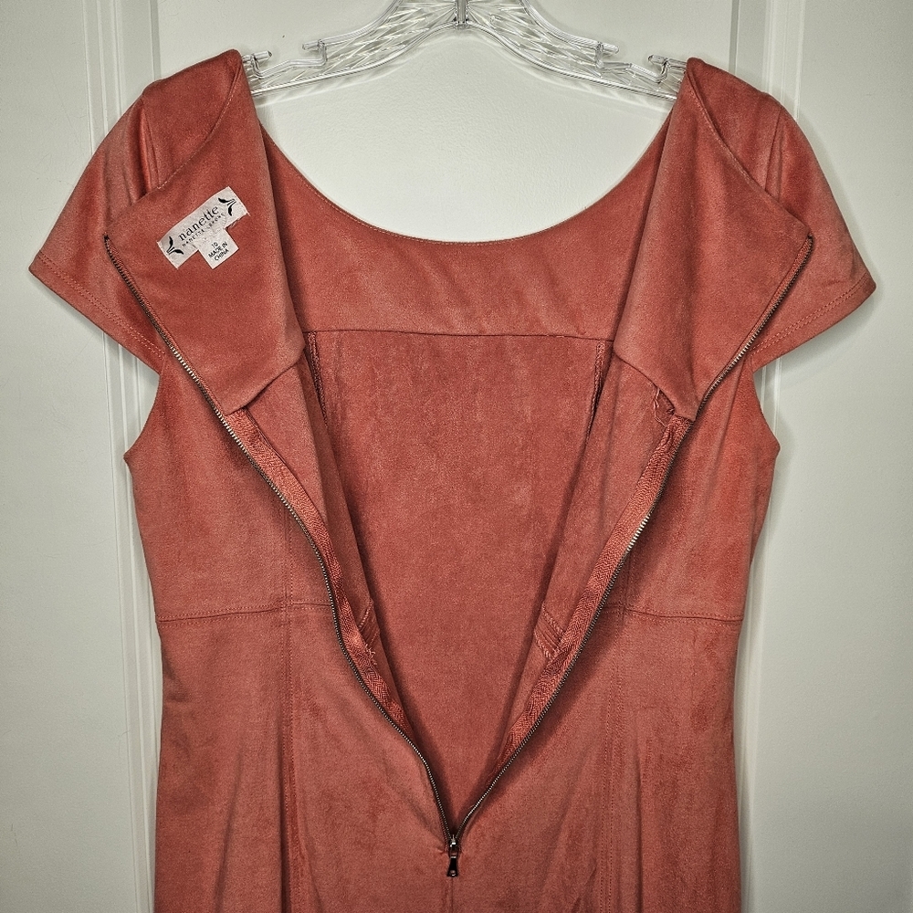Nanette Lepore Coral Size 10 Faux Suede Sheath Mini Dress Short Sleeve Zip Back - Picture 6 of 9